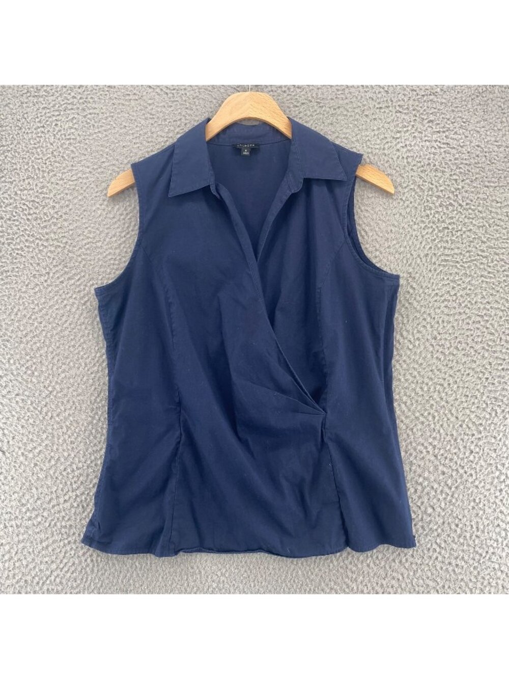 Talbots Top Womens 8 Navy Surplice Collared Pleated Sleeveless Pullover Casual